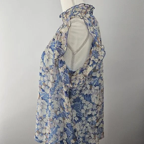 MELLODAY blue BLOUSE top FLORAL lined SMOCKED ruffles BLOUSE - Picture 6 of 12